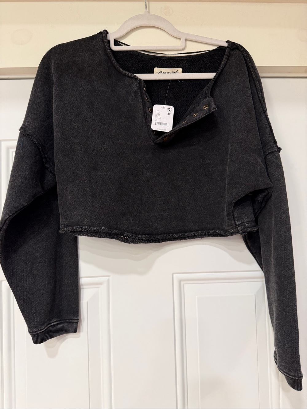 NWT Free People Washed Black/Dark Gray Cropped Snap-Neck Sweatshirt